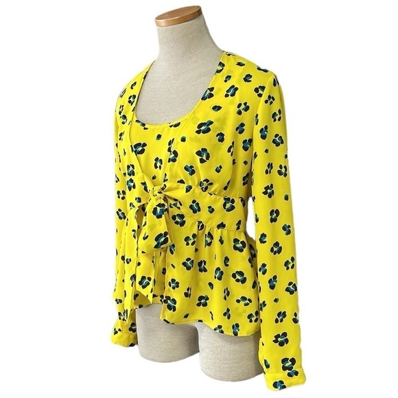 Cabi Blouse Women's XS Extra Small Yellow Leopard Print Sunny Tie Wrap Peplum - Picture 3 of 14